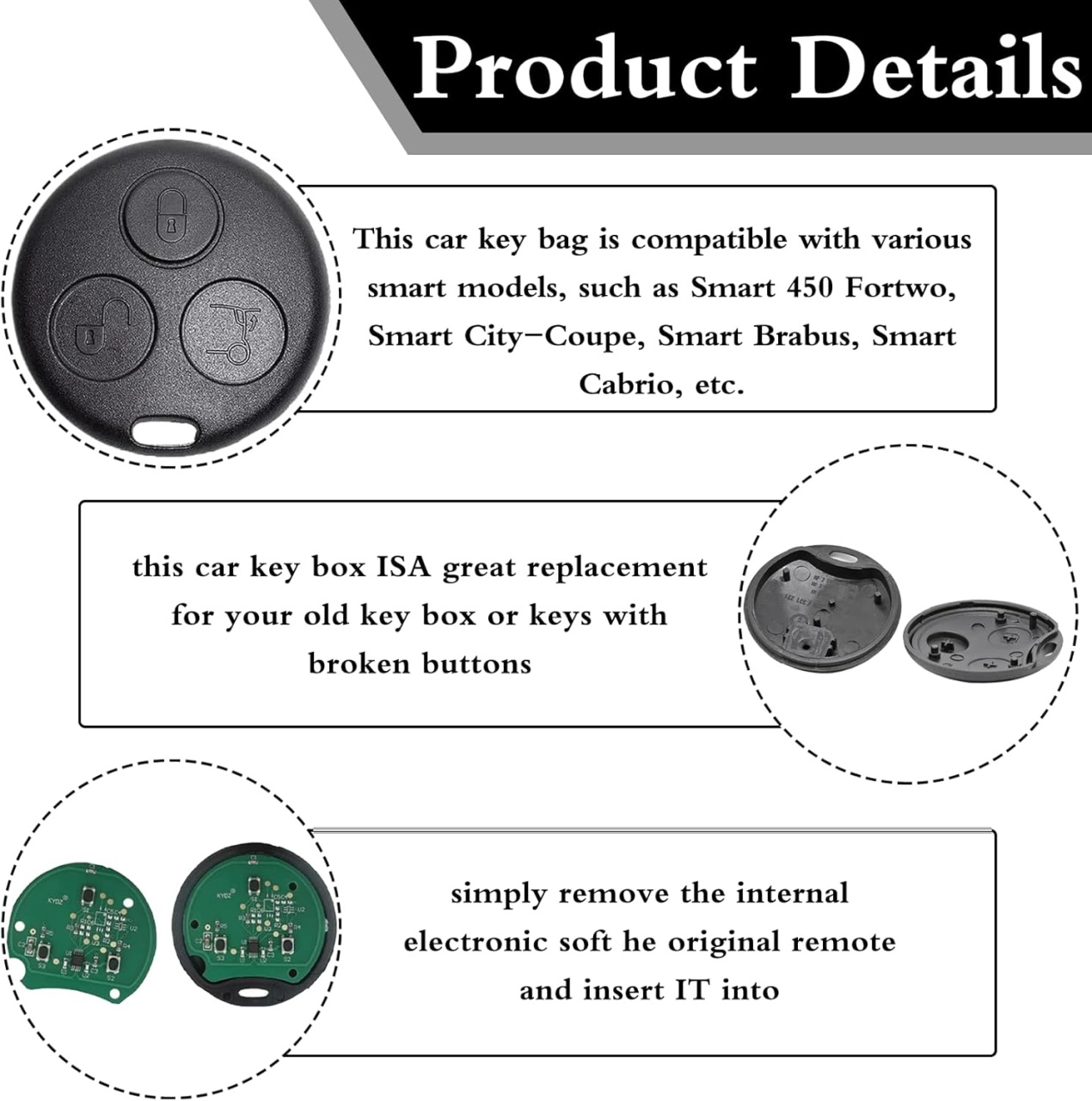 Carcasa cheie telecomanda Techstar compatibila Smart Fortwo 450/City-Coupe/Cabrio, Roadster, Forfour, 3 butoane, neagra - imagine 3