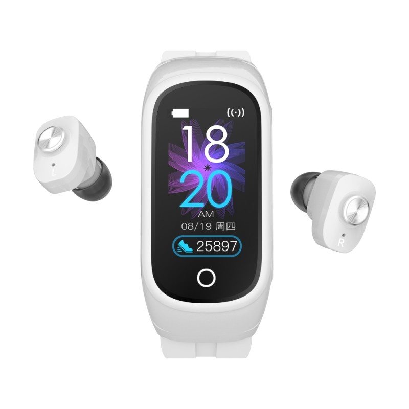 Ceas Smartwatch 2 in1 Techstar® N8 cu Casti Wireless, Ecran tactil de 0,96 inch, Bluetooth, MP3, Waterproof, Apelare, Oxigen din sange, Calori, Ritm cardiac, Monitorizare somn, compatibil cu iPhone si Android, Alb