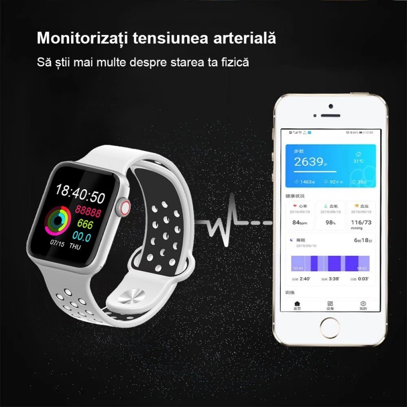 Ceas Smartwatch Techstar® T55, 1.3 Inch IPS, Monitorizare Cardiaca, Tensiune, Sedentarism, Bluetooth 5.0, (2 curele, alb + negru) Alb/Negru - 3 | YEO