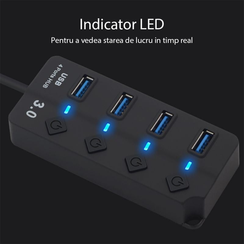 Hub USB cu 4 porturi Techstar® HUBA0701, 1 x USB 3.0, 3 x USB 2.0, indicator LED pentru putere, comutator independent, Negru - 3 | YEO