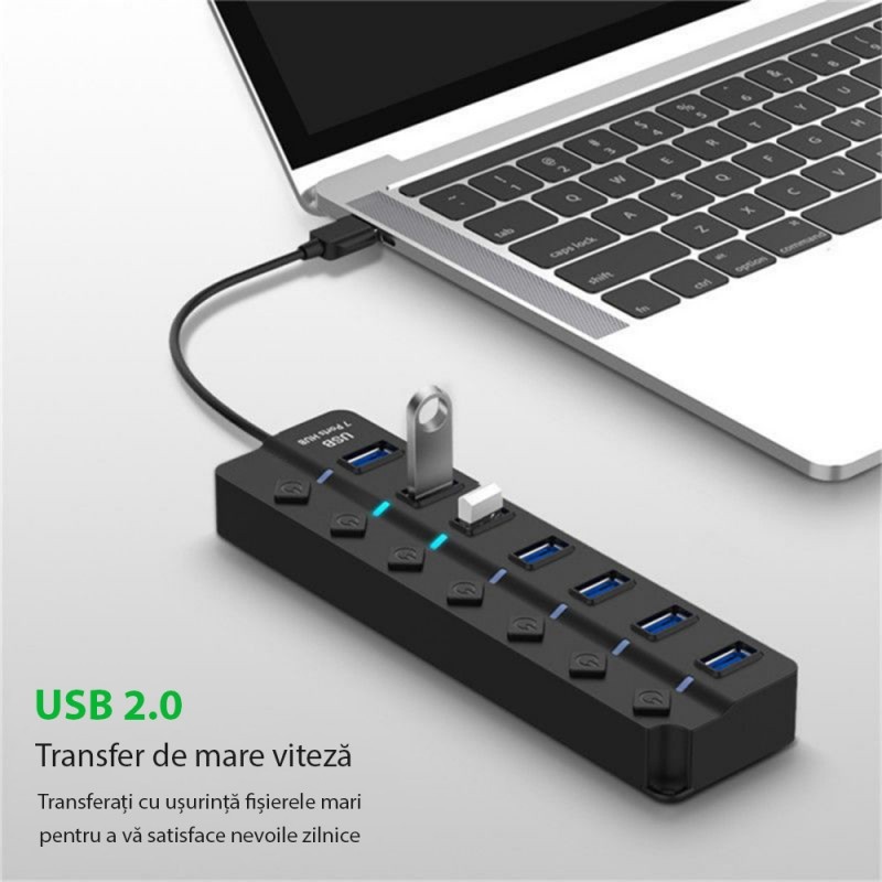 Hub USB cu 7 porturi Techstar® HUBA2401, 7 x USB 2.0, indicator LED pentru putere, comutator independent, Negru - 3 | YEO