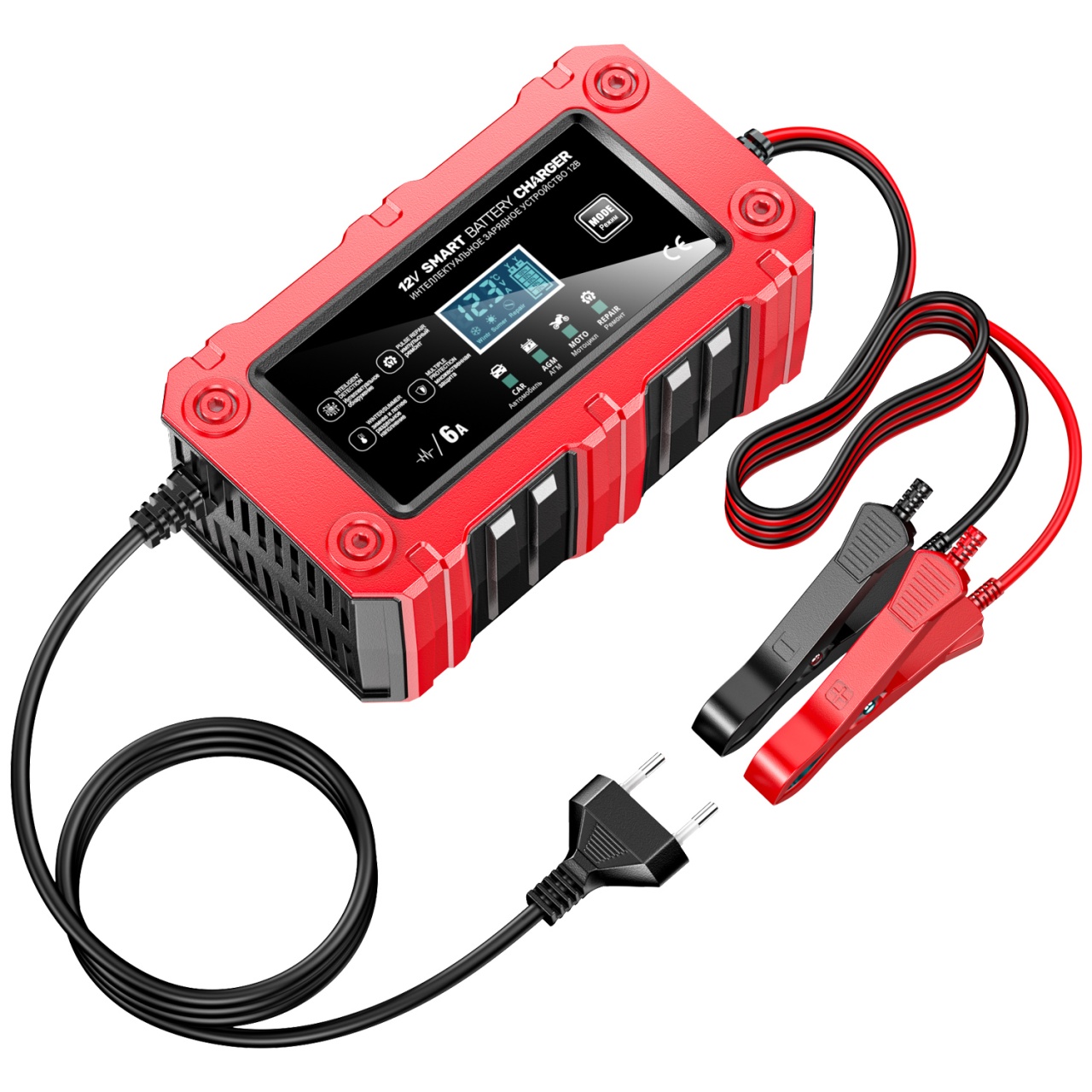 Incarcator Inteligent Baterie Auto/Moto Techstar 12V 6A BC-1206, LCD, Repair, AGM/GEL/WET/EFB/LiFePO4 Rosu - imagine 2