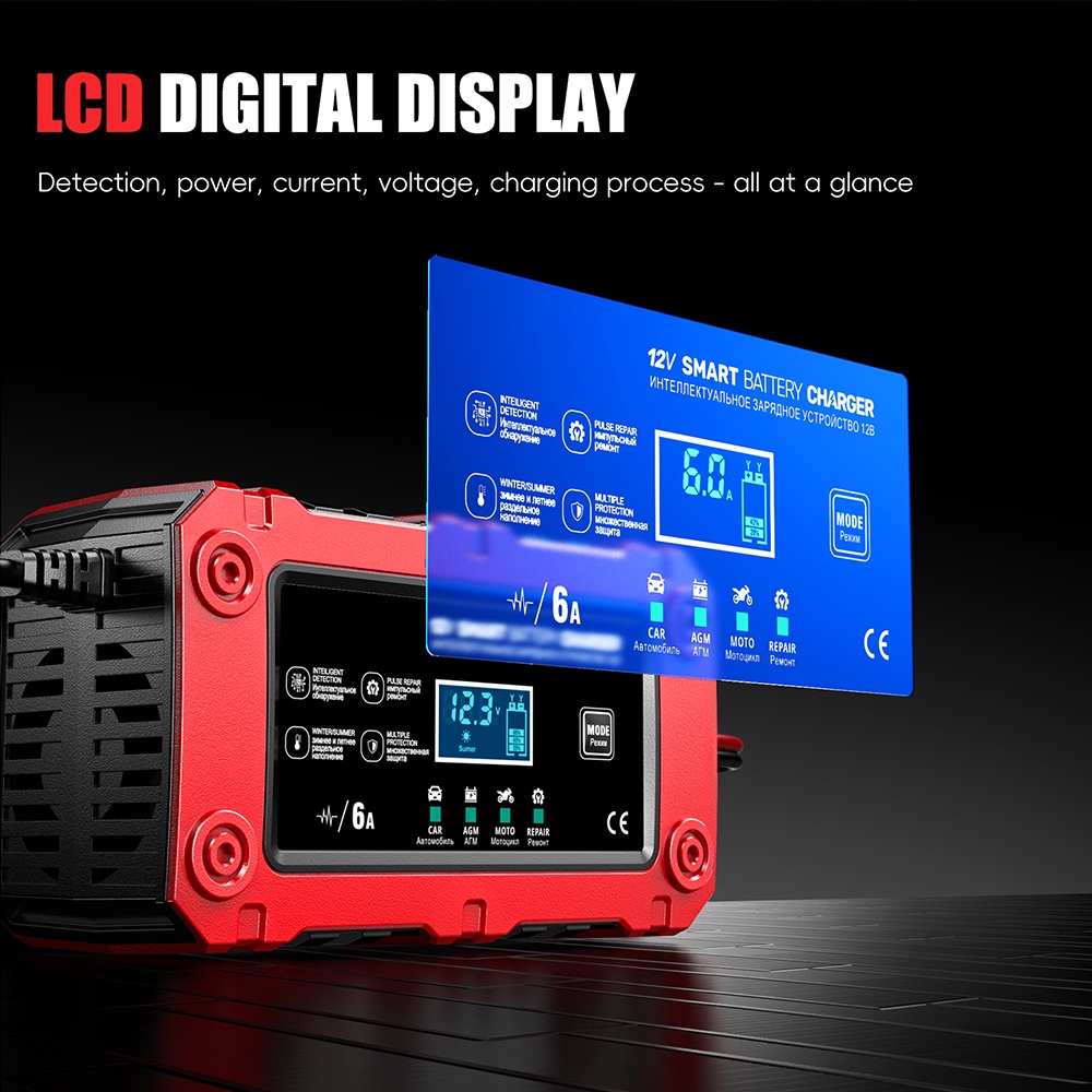 Incarcator Inteligent Baterie Auto/Moto Techstar 12V 6A BC-1206, LCD, Repair, AGM/GEL/WET/EFB/LiFePO4 Rosu - imagine 12