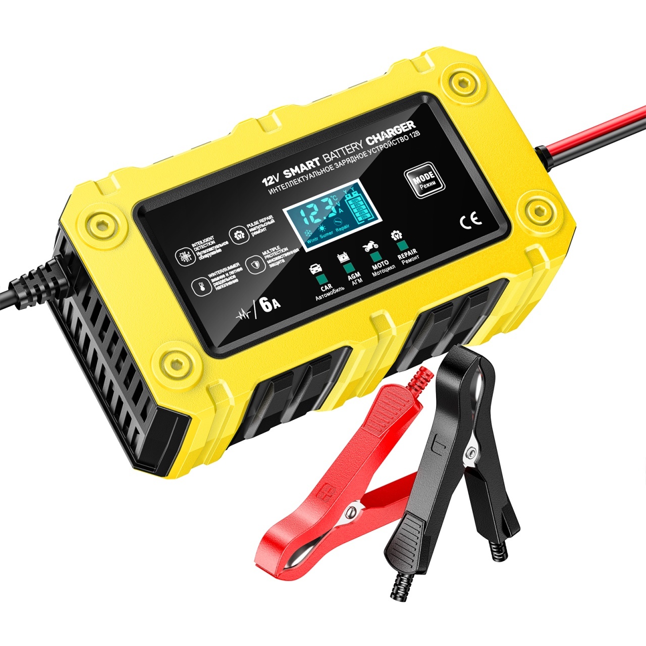 Incarcator Inteligent Baterie Auto/Moto Techstar 12V 6A BC-1206, LCD, Repair, AGM/GEL/WET/EFB/LiFePO4 Galben - imagine 9