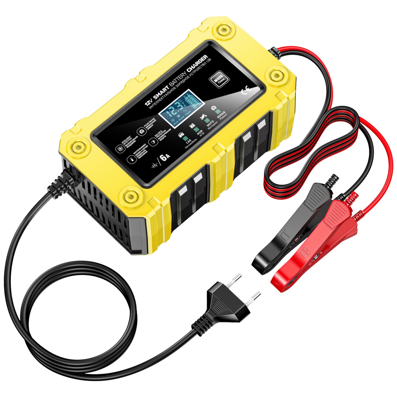 Incarcator Inteligent Baterie Auto/Moto Techstar 12V 6A BC-1206, LCD, Repair, AGM/GEL/WET/EFB/LiFePO4 Galben - imagine 18