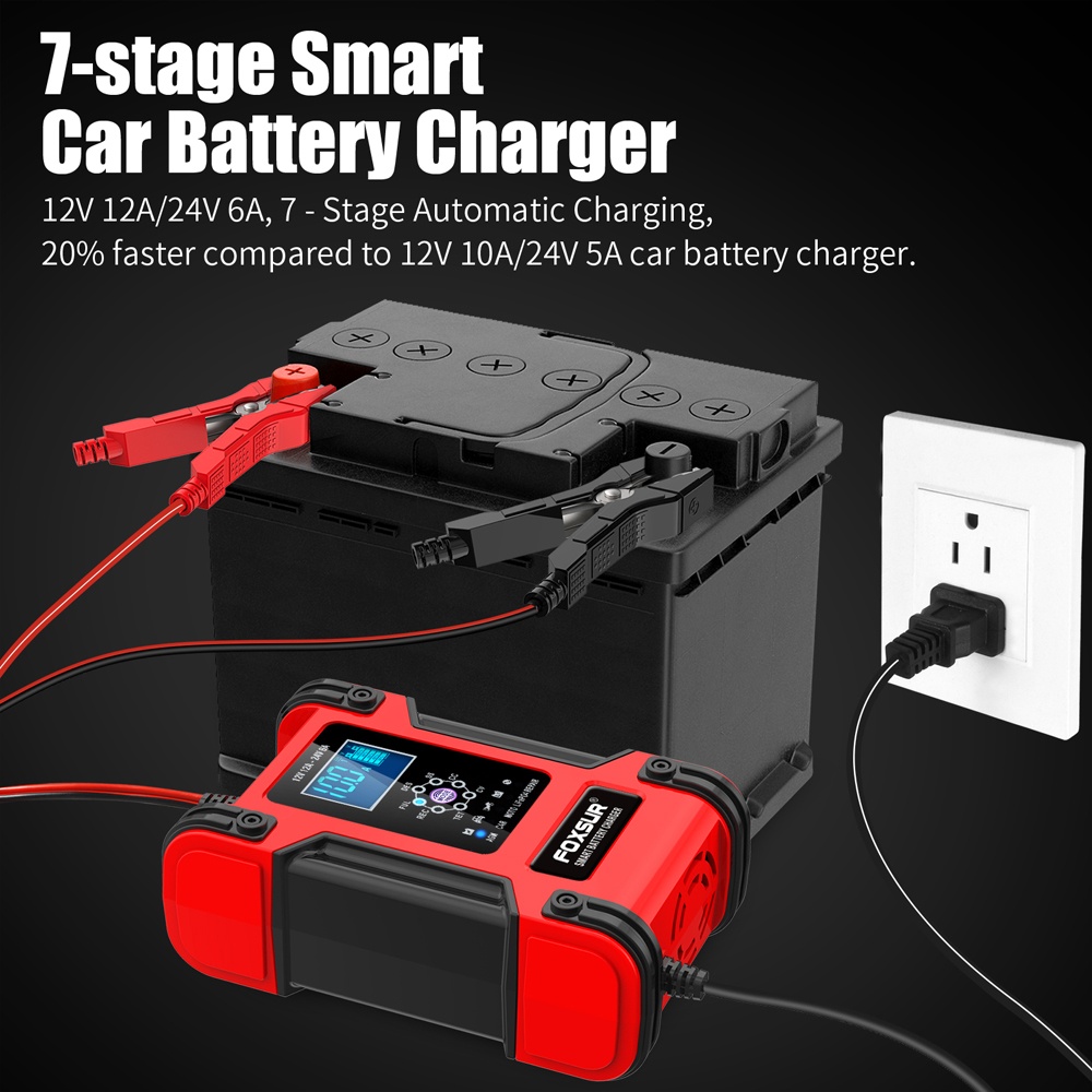 Incarcator Redresor baterii auto-moto inteligent FOXSur FBC122412D, 12V 12A/24V 6A, 7 trepte incarcare, LCD, mod reparatie baterii AGM, GEL, SLA, Wet, Deep Cycle, EFB, Calcium, LiFePO4, Rosu - 3 | YEO