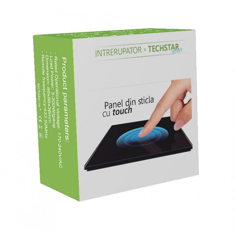 Intrerupator Smart Touch Techstar®, Wireless 2.4GHz, Sticla Securizata, Design Modern, Iluminare LED, 1 Faza, Negru - 1 | YEO