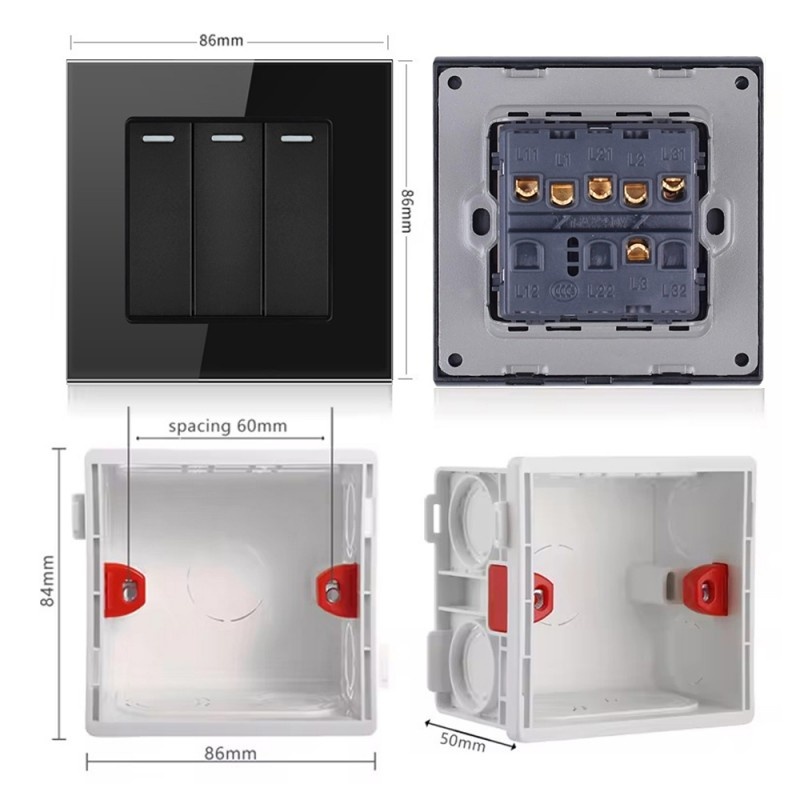 Intrerupator Triplu Cap Scara Cu Panou Din Sticla Securizata Techstar® TGS 01, 220V, 16A, 86 X 86 Mm, Negru, cu 3 Faze - 2 | YEO