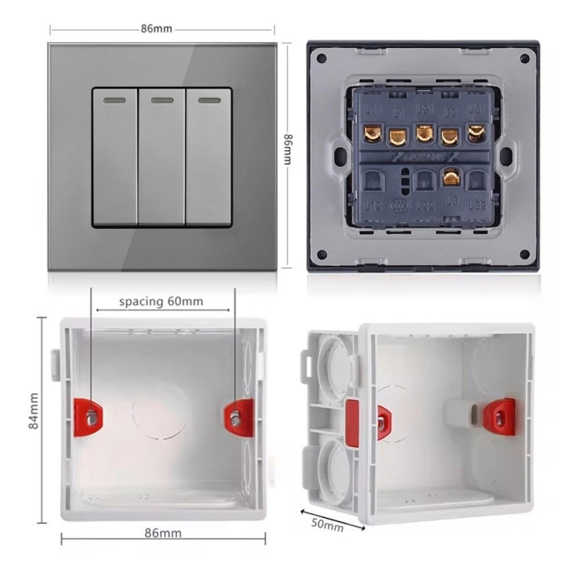 Intrerupator Triplu Cap Scara Cu Panou Din Sticla Securizata Techstar® TGS 01, 220V, 16A, 86 X 86 Mm, Gri, cu 3 Faze - 2 | YEO