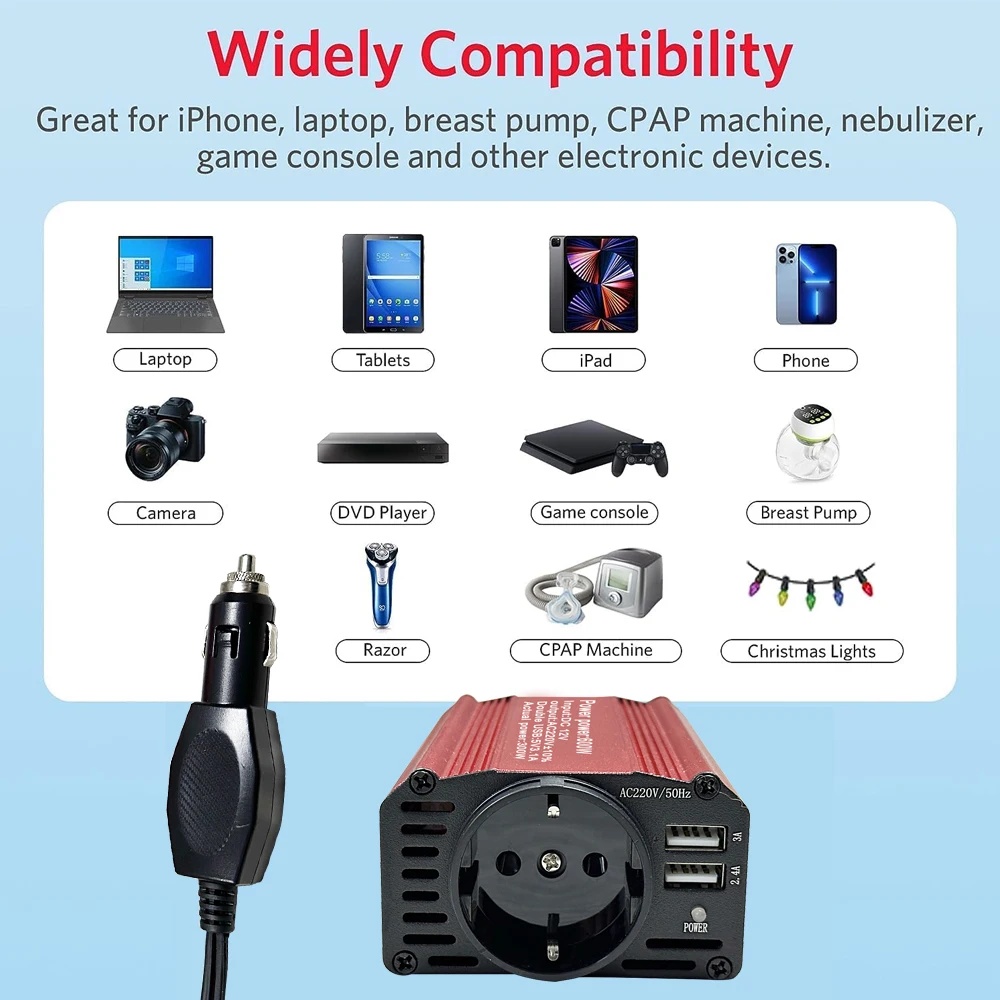 Invertor auto 300W 12V-220V cu USB-C PD 65W si USB QC3.0, convertor tensiune pentru laptop, telefon, tableta, camera, aparate mici, camping si calatorii - 2 | YEO