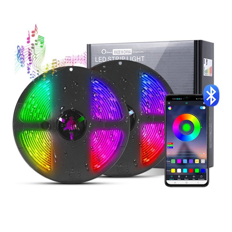 Kit Banda LED Techstar® 5050 RGB, 5M, DC 12V, Bluetooth, Control Din Telefon Prin Internet, Telecomanda, Lumina Multicolora, Schimbare Culori Pe Ritmul Muzicii, Control Vocal, Led Strip