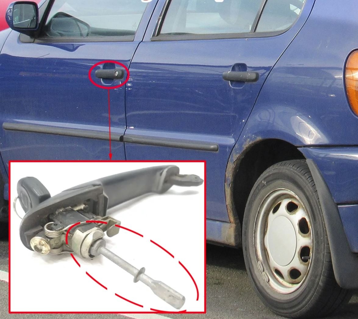 Kit reparatie incuietoare yala usa auto Techstar, compatibil VW Polo Classic 6KV, Caddy 9K, Seat Cordoba, Ibiza, butuc fata stanga sau dreapta, 5 piese, metal, argintiu - 2 | YEO