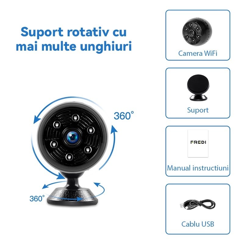 Mini Camera Video WiFi Techstar® V10, 1280 x 720P, Unghi 70°, Micro SD, Vizibilitate Nocturna, Senzor Miscare, Microfon, pentru Animale de Companie, Camera copilului, Birou, Negru - 1 | YEO