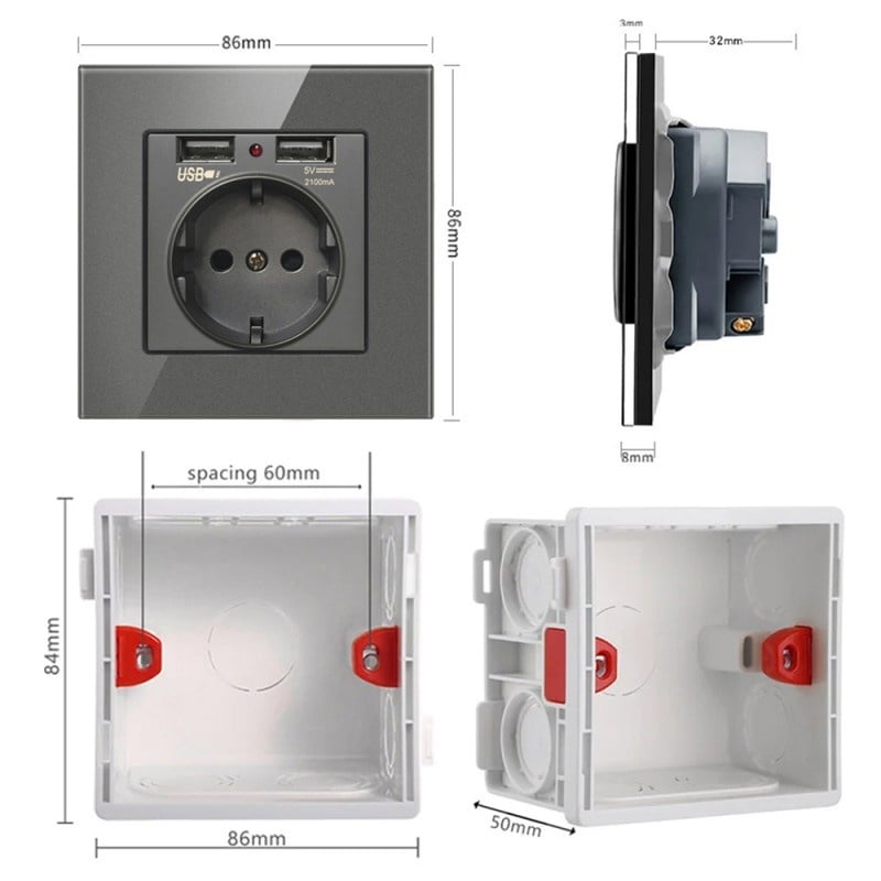 Priza de Perete cu 2 Porturi USB si Rama din Sticla Techstar® TS-GL, 110-250V, 16A, Ignifuga, 86x86mm, Gri - 2 | YEO