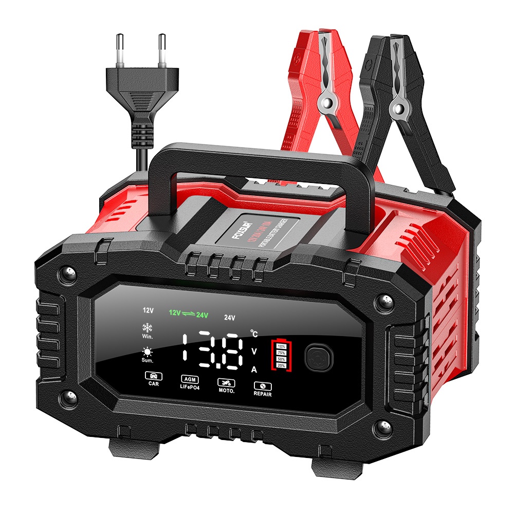 Redresor Auto Digital Foxsur FPT-200, Incarcator Automat 12V/24V 20A pentru Baterii 6Ah-300Ah, Ecran LCD și Compatibilitate Extinsa pentru Baterii Auto, Moto, Camion