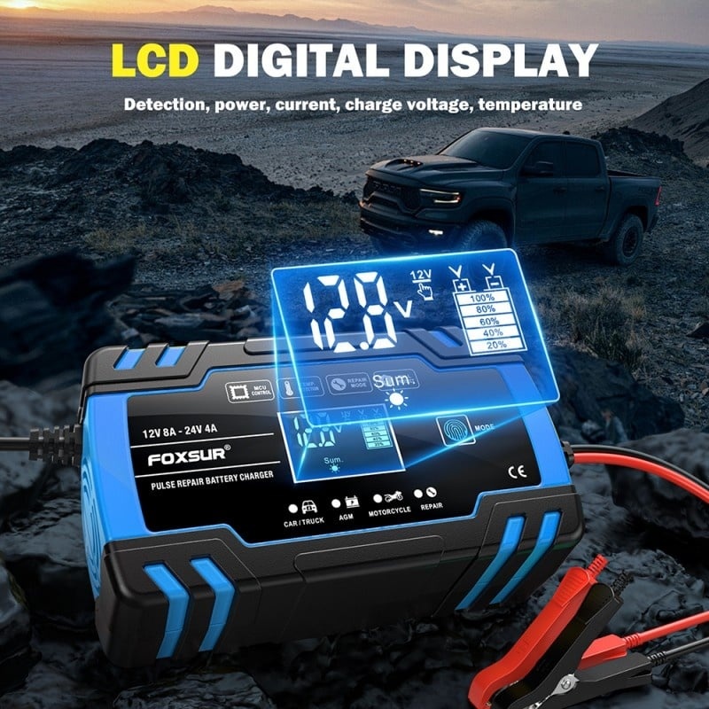 Resigilat Incarcator Baterie Auto Cu Microprocesor Foxsur B0228-L, 12/24V, 4/8A, Display LCD, Functie De Reparare Cu Puls, 170x98x58mm, Albastru - imagine 7