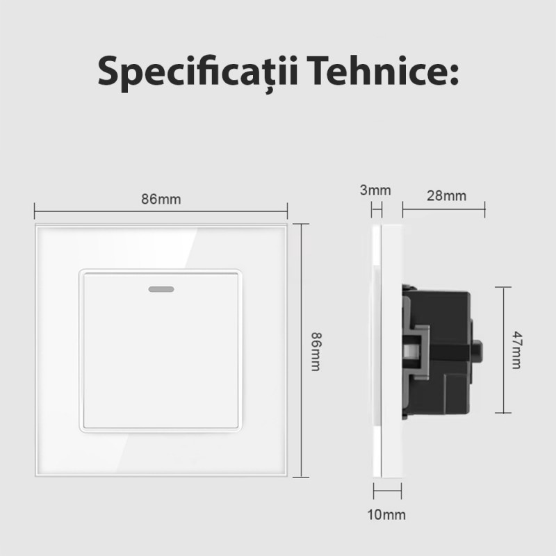 Resigilat Intrerupator Cap Scara Cu Panou Din Sticla Securizata Techstar® TGS 01, 220V, 16A, 86 X 86 Mm, Alb, cu 1 Modul - 1 | YEO