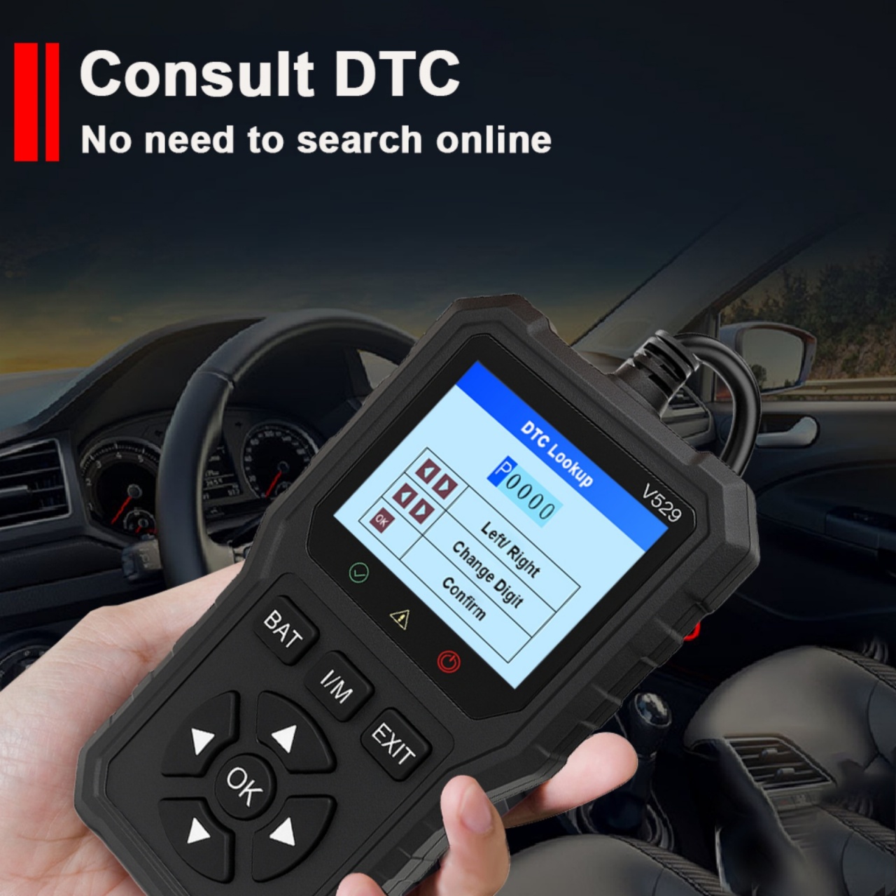 Tester auto diagnoza OBD2 Foxsur V529, test baterie, DTC Lookup, 10 limbi, coduri motor, senzor O2, EVAP, Freeze Frame, I/M, Negru - 3 | YEO
