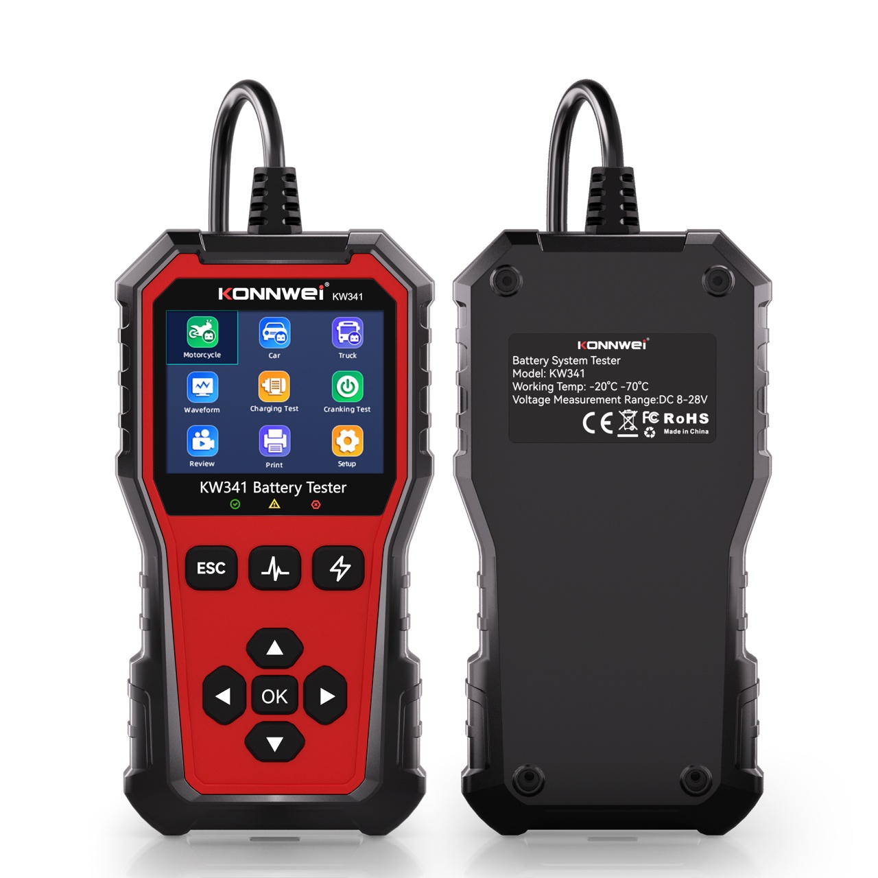 Tester baterie auto KONNWEI KW341 6V 12V 24V, CCA 10–2000, SOH SOC, test alternator si pornire, AGM EFB GEL Litiu, waveform, raport QR - imagine 2