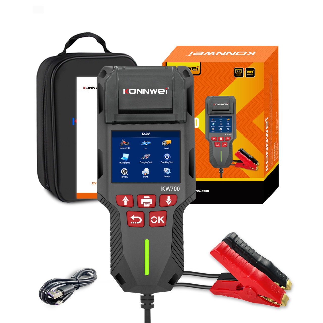Tester de baterie auto KONNWEI KW700 cu imprimanta integrata, 12V/24V, ecran LCD color, compatibil cu AGM, GEL, EFB, Plumb-acid si Litiu - 1 | YEO