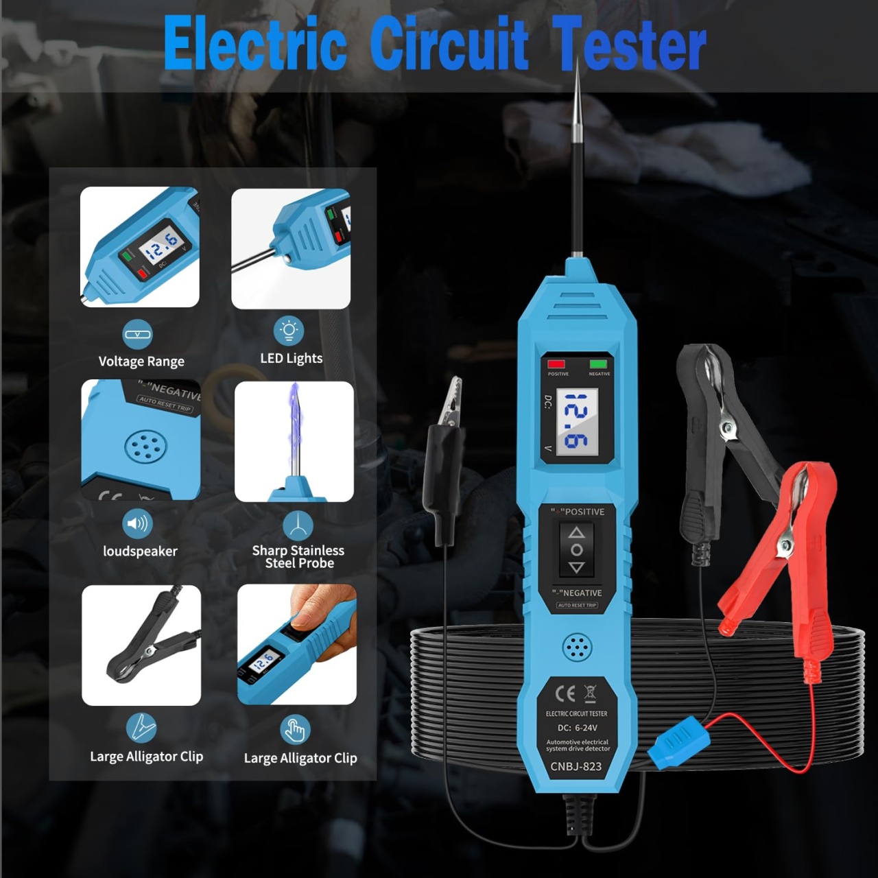 Tester Tensiune Auto Circuite Electrice Techstar® 823, 6-24V cu Afisaj LCD, LED, Clesti si Sonda Otel Inoxidabil - 2 | YEO