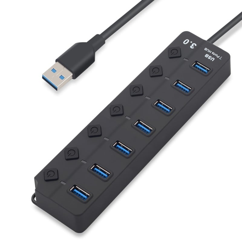 USB Hub Techstar® HB7, 3.0 High Speed, 7 Port USB 3.0, Buton On/Off, Conexiune USB 3.0 de mare viteza