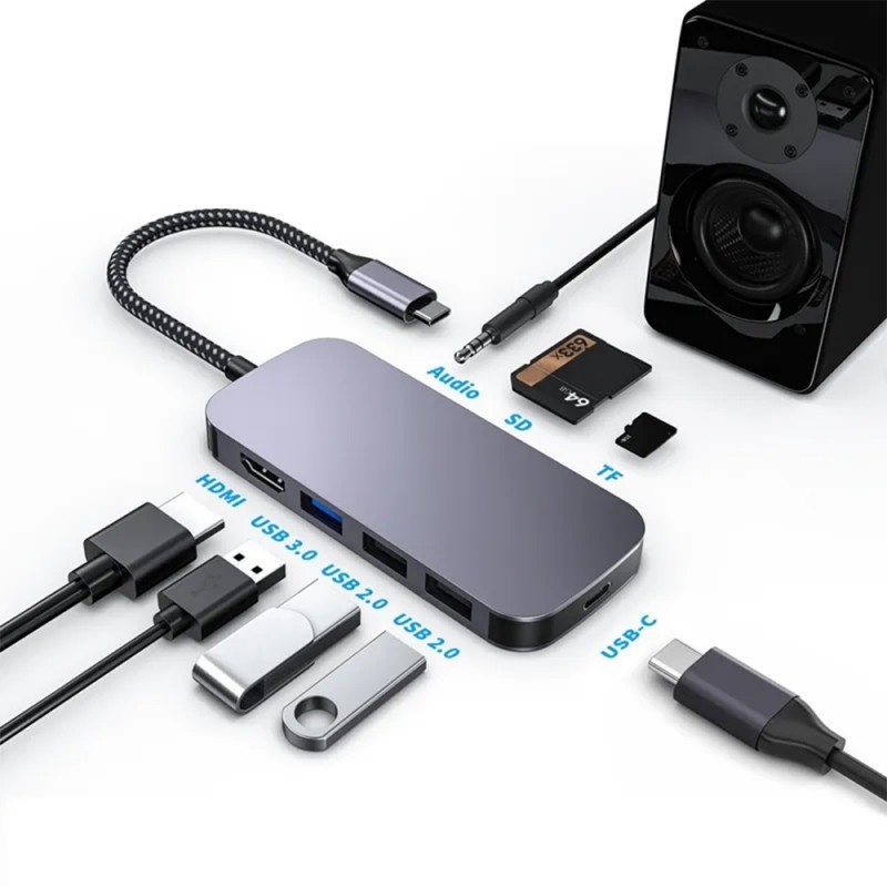 Adaptor Hub Multifunctional 8 In 1 Techstar® ZFZ053CT, HDMI 4K/2K, USB-C, 1 X USB 3.0, 2 X USB 2.0, AUX Port 3.5 Mm, Cititor De Carduri SD/TF, PD Port, Argintiu - 1 | YEO