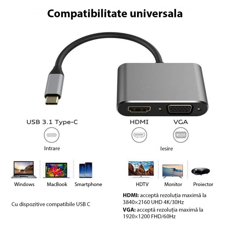 Adaptor multifunctional 2 in 1 USB-C la HDMI Techstar® DJ2IN1, HDMI 4K, VGA 1080P, 1 x USB 3.0, PD Port, Argintiu - 3 | YEO