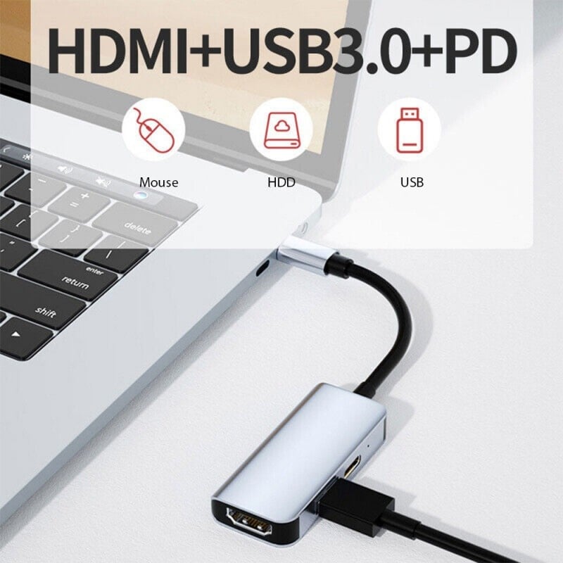 Adaptor multifunctional 3 in 1 USB-C la HDMI Techstar® CYC3IN1, HDMI 4K, 1 x USB 3.0, Compatibil MacBook Air si MacBook Pro, PD Port, Gri - 2 | YEO