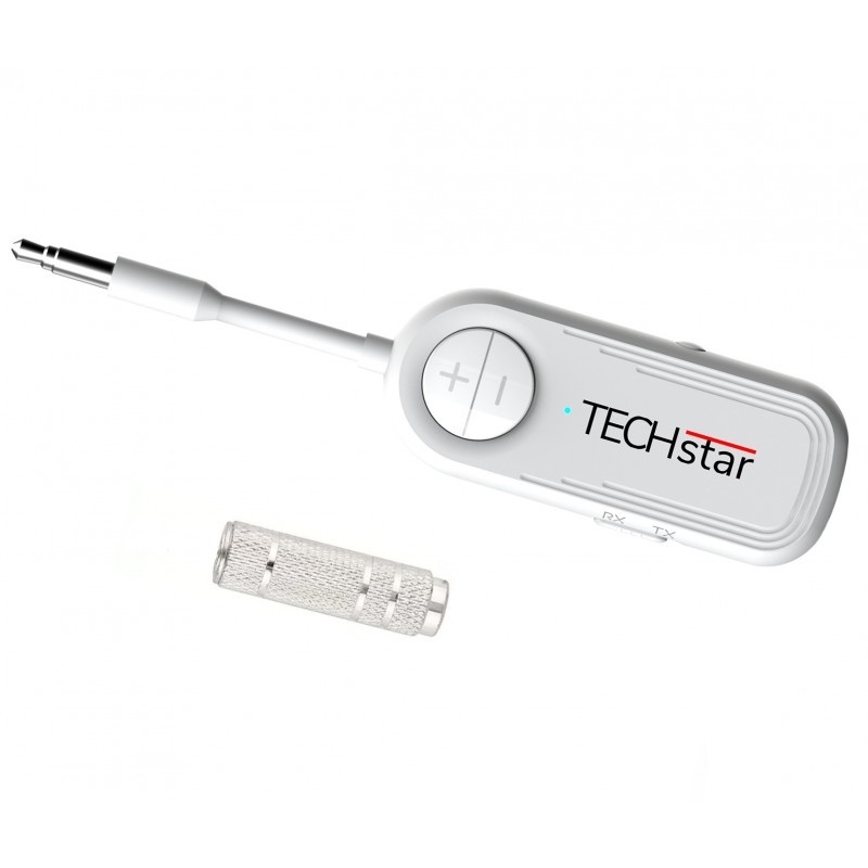 Adaptor Wireless 2 in 1 Receptor si Transmitator Audio TX/RX Techstar® M28 Alb, cu Bluetooth BT 5.3 si Conector Port Audio 3.5mm