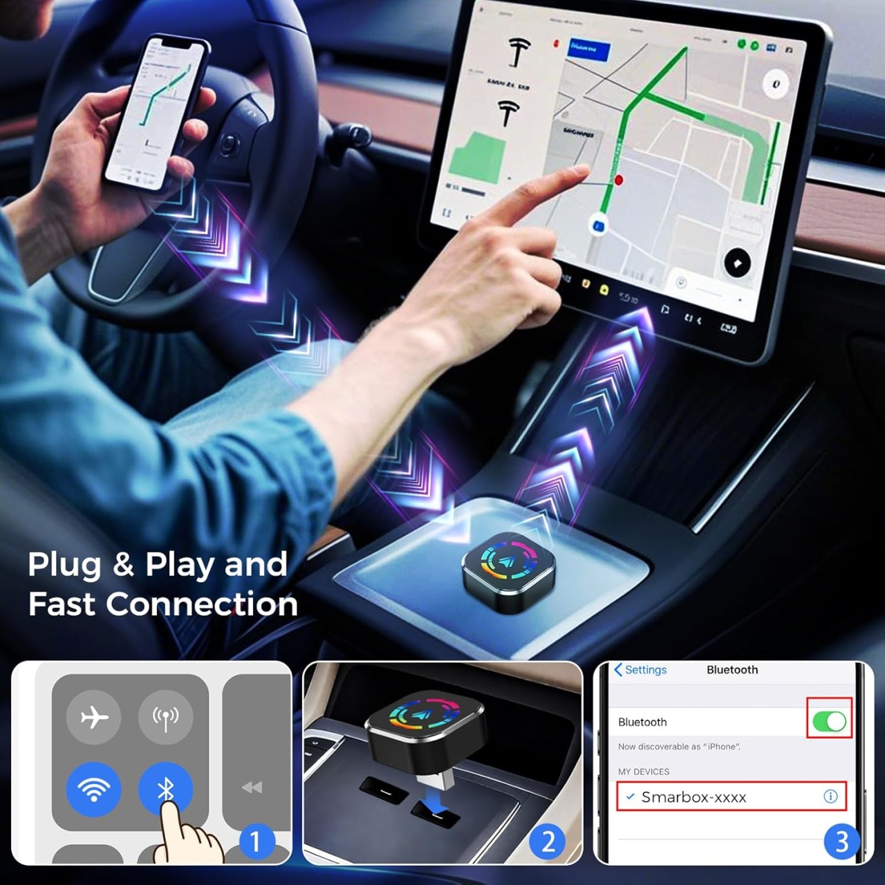 Adaptor Wireless Apple CarPlay & Android Auto 2-in-1 Techstar M17+, USB/USBC Plug & Play, Wi-Fi 5.8GHz + Bluetooth, Mini Compact, Conectare Automata, Sticla LED - imagine 9