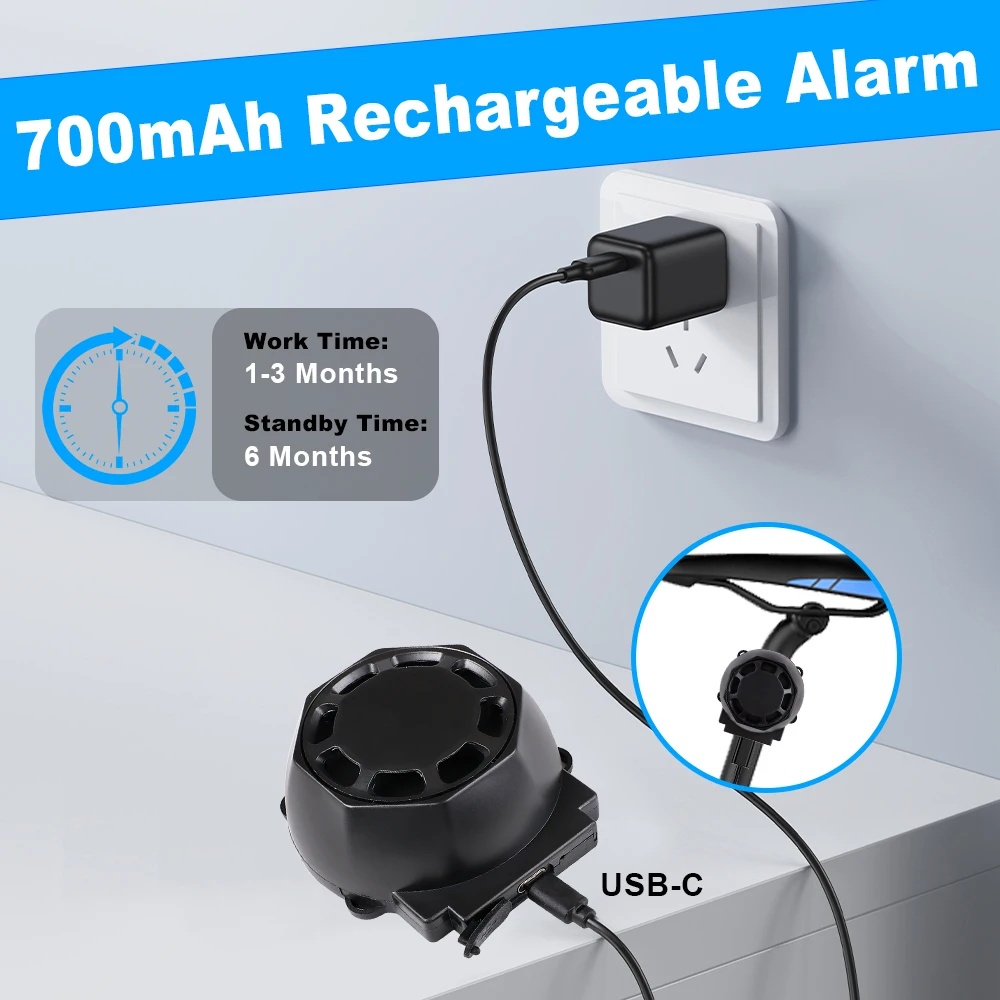 Alarma Antifurt Motocicleta Bicicleta 12V Techstar, Sirena 120-125dB, Waterproof IP55, Reincarcabila USB-C 700mAh, 2 Telecomenzi, 7 Nivele Sensibilitate, Localizare