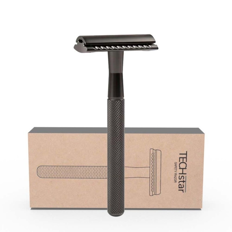 Aparat de ras Classic Safety Razor Techstar® SR1, Aliaj de Zinc, Cu Lame De Rezerva, Reutilizabil, Ecologic, Negru - 1 | YEO