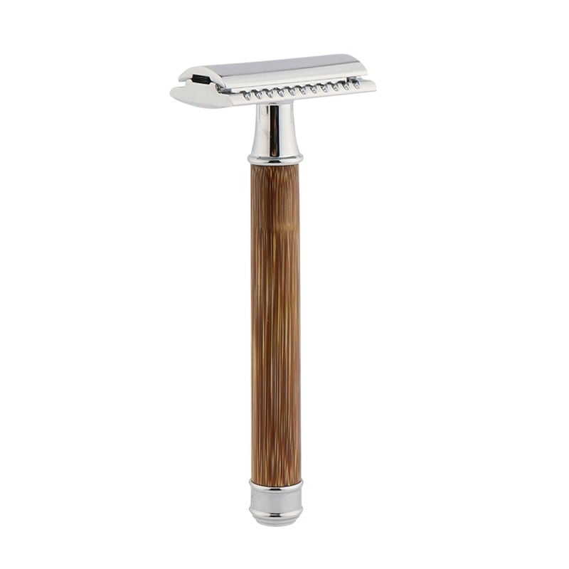 Aparat de ras Classic Safety Razor Techstar® SR11, Aliaj de Zinc, Cu Lame De Rezerva, Reutilizabil, Ecologic, Maner Bambus, Argintiu