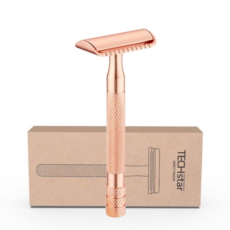 Aparat de ras Classic Safety Razor Techstar® SR2, Aliaj de Zinc, Cu Lame De Rezerva, Reutilizabil, Ecologic, Rose Gold - 2 | YEO