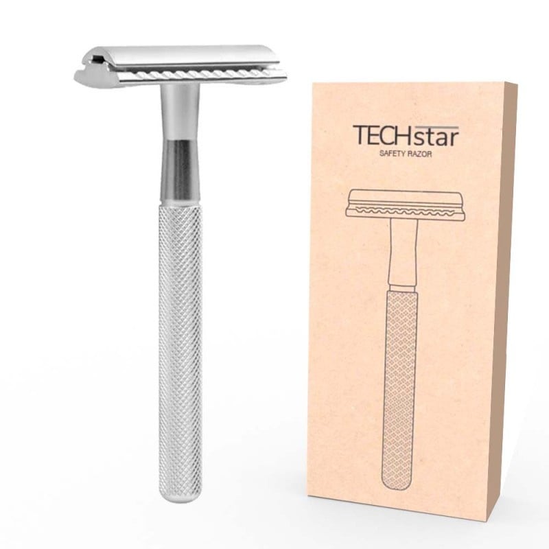 Aparat de ras Classic Safety Razor Techstar® SR3, Aliaj de Zinc, Cu Lame De Rezerva, Reutilizabil, Ecologic, Argintiu - 3 | YEO