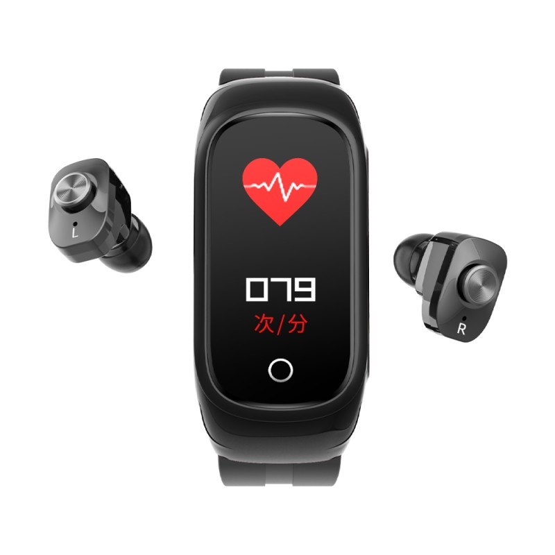 Ceas Smartwatch 2 in1 Techstar® N8 cu Casti Wireless, Ecran tactil de 0,96 inch, Bluetooth, MP3, Waterproof, Apelare, Oxigen din sange, Calori, Ritm cardiac, Monitorizare somn, compatibil cu iPhone si Android, Negru