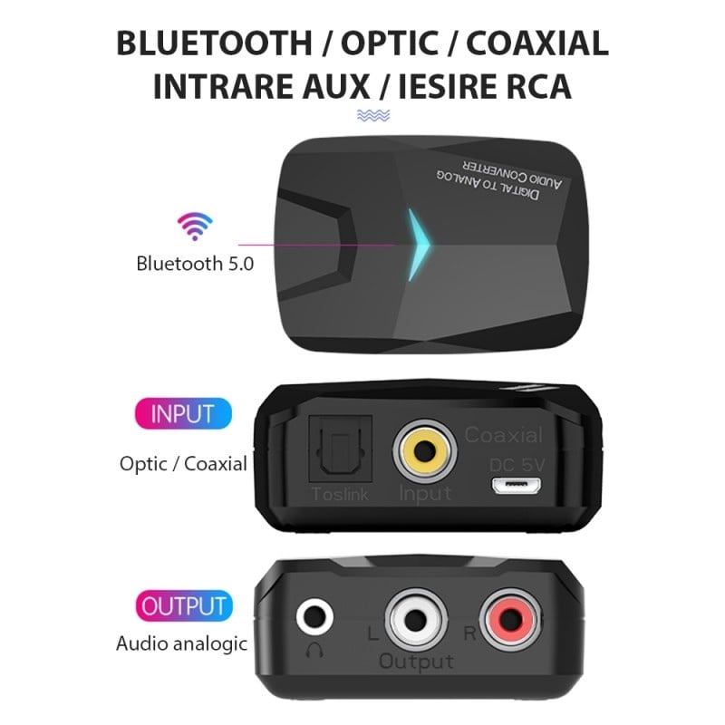 Convertor Audio Digital la Analog Techstar® M24, Compatibil Bluetooth 5.0, Cablu audio optic la RCA, Negru - 3 | YEO