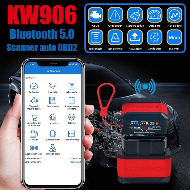 Diagnoza Auto OBD2 KONNWEI KW906, Bluetooth 5.0, Buton ON-OFF, Compatibil Android IOS, ELM 327 OBDII, Orange - 3 | YEO