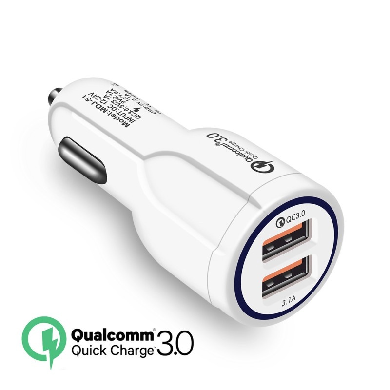 Incarcator Auto Dual 2 USB Techstar® Qualcomm Quick Charge 3.0 Adaptor 9V 2A Bricheta Alb - 1 | YEO