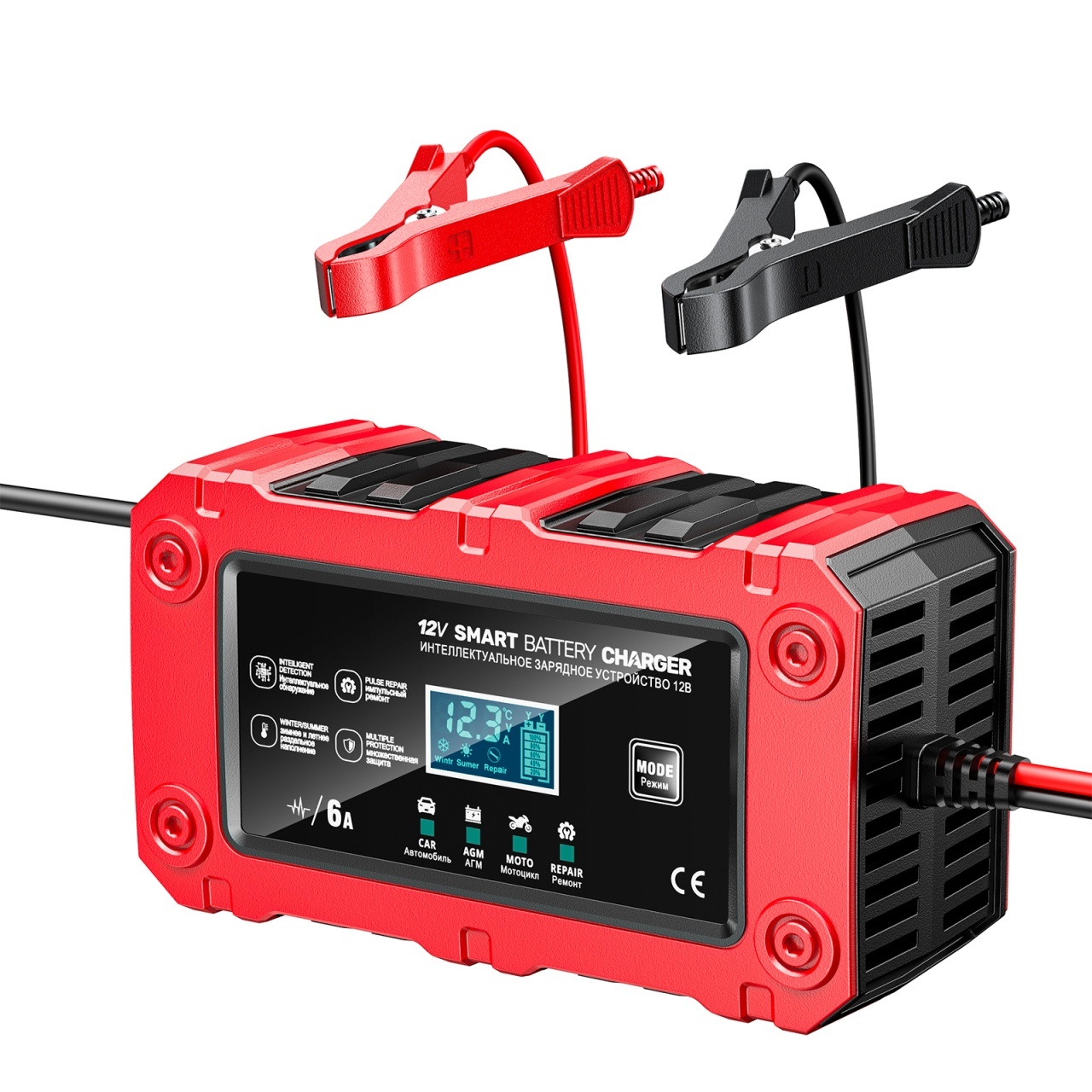 Incarcator Inteligent Baterie Auto/Moto Techstar 12V 6A BC-1206, LCD, Repair, AGM/GEL/WET/EFB/LiFePO4 Rosu - imagine 9