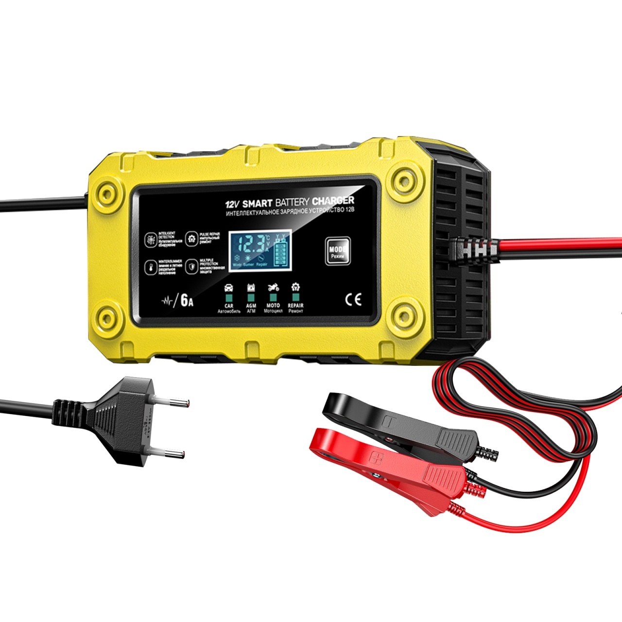 Incarcator Inteligent Baterie Auto/Moto Techstar 12V 6A BC-1206, LCD, Repair, AGM/GEL/WET/EFB/LiFePO4 Galben - imagine 15