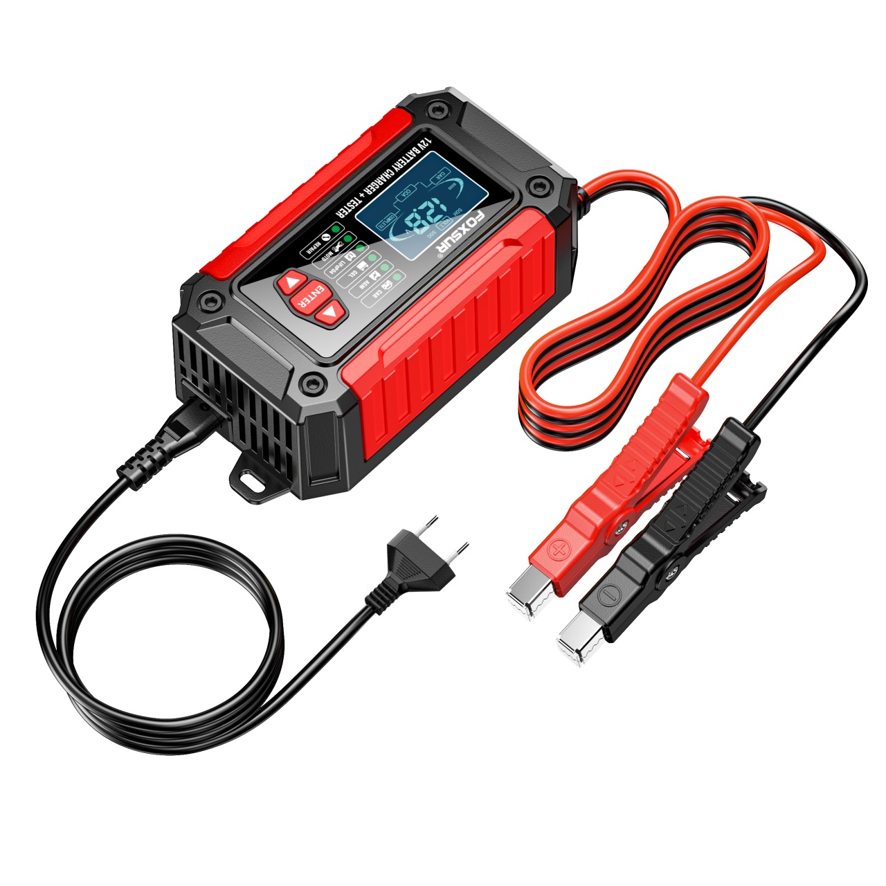 Incarcator și Tester Baterie FOXSUR FTC-1206 2-in-1, 12V/6A – Redresor Inteligent pentru Baterii Auto si Moto cu Functii Desulfatare, Reparare prin Impulsuri, Rosu/Negru - 3 | YEO