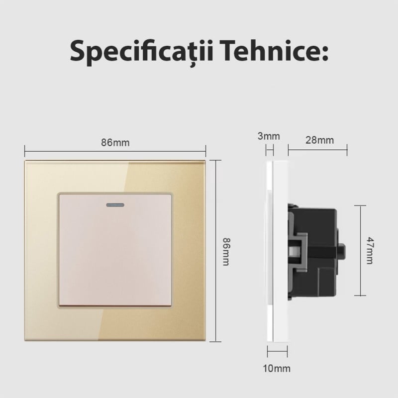 Intrerupator Cap Scara Cu Panou din Sticla Securizata Techstar® TGS 01, 220V, 16A, 86 x 86 mm, Auriu, cu 1 Modul - 1 | YEO