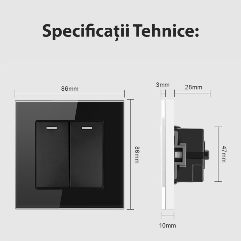 Intrerupator Dublu Cap Scara Cu Panou Din Sticla Securizata Techstar® TGS 01, 220V, 16A, 86 X 86 Mm, Negru, cu 2 Module - 1 | YEO