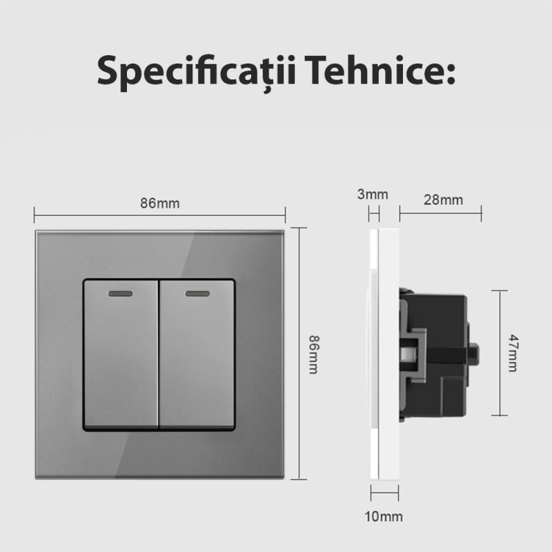 Intrerupator Dublu Cap Scara Cu Panou Din Sticla Securizata Techstar® TGS 01, 220V, 16A, 86 X 86 Mm, Gri, cu 2 Module - 1 | YEO