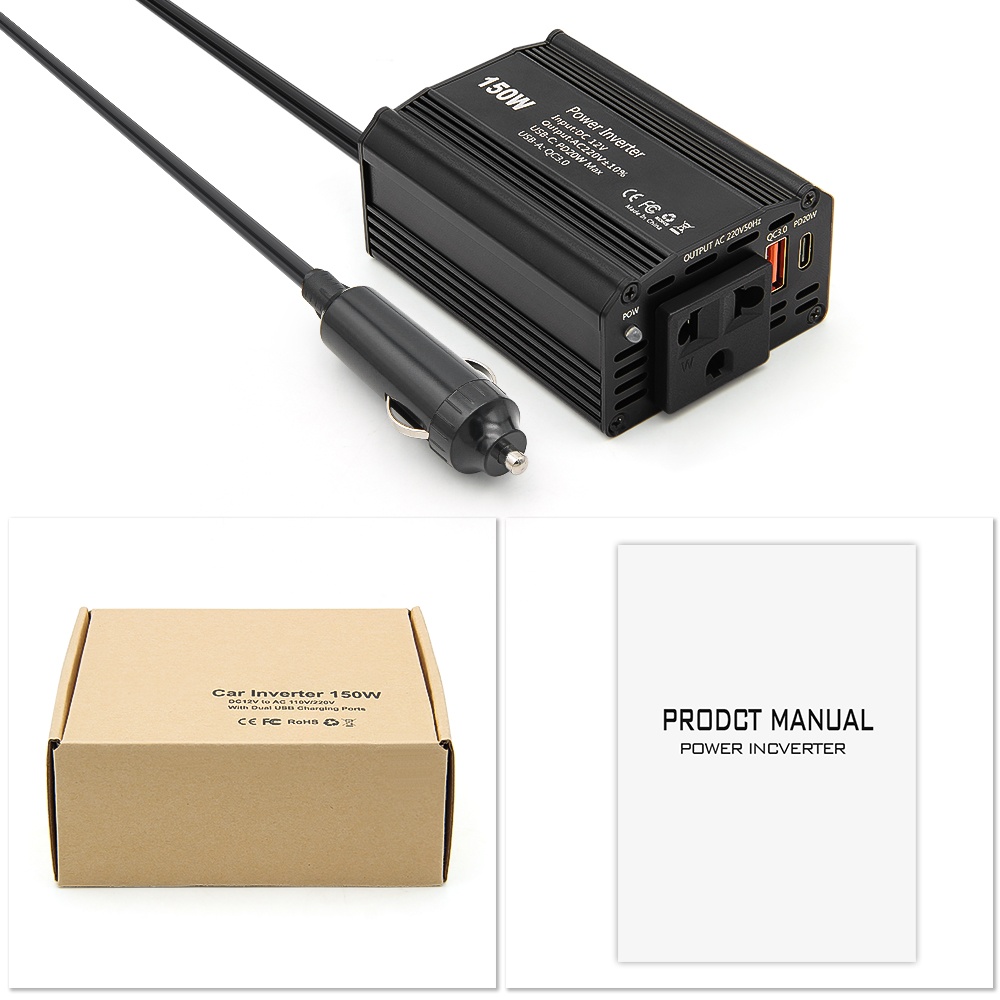 Invertor de Putere Auto Techstar® 150W - 12V DC la 220V AC, cu Porturi USB-C si USB-A pentru Incarcare Rapida