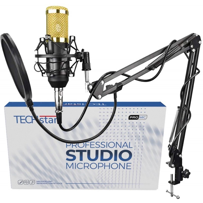 Microfon Profesional de Studio, Techstar® BM800 Condenser, Stand Inclus pentru Inregistrare Vocala, Streaming, Gaming, Podcast, Vlog, Gold - 1 | YEO