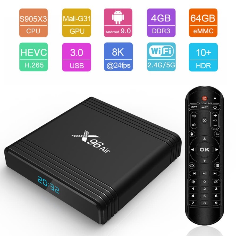 Mini PC, TV Box X96 Air, 8K, Android 9.0, 4GB RAM, 64GB ROM, S905X3 Quad Core, Mali-G31, USB 3.0, HDR 10+, WiFi 5G, Bluetooth