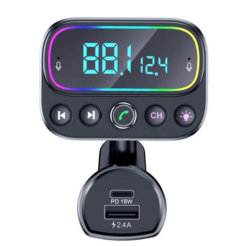 Modulator FM Techstar® T67, Bluetooth 5.0, Microfon Dual, Voltaj Baterie, USB, 18W PD Type C, MicroSD, AUX, RGB